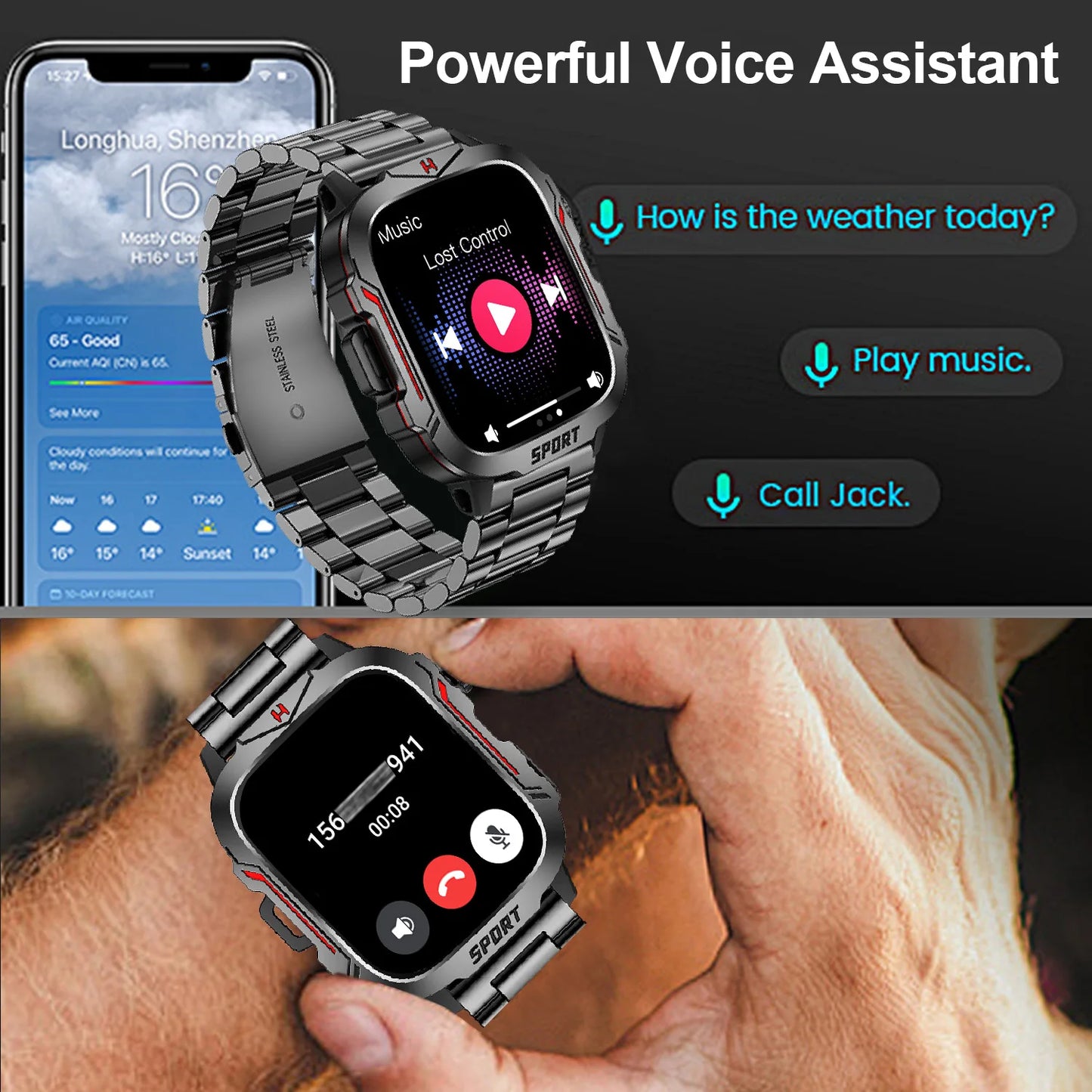 Smart Watch With Flashlight AI Voice Assistant Bluetooth Calling
