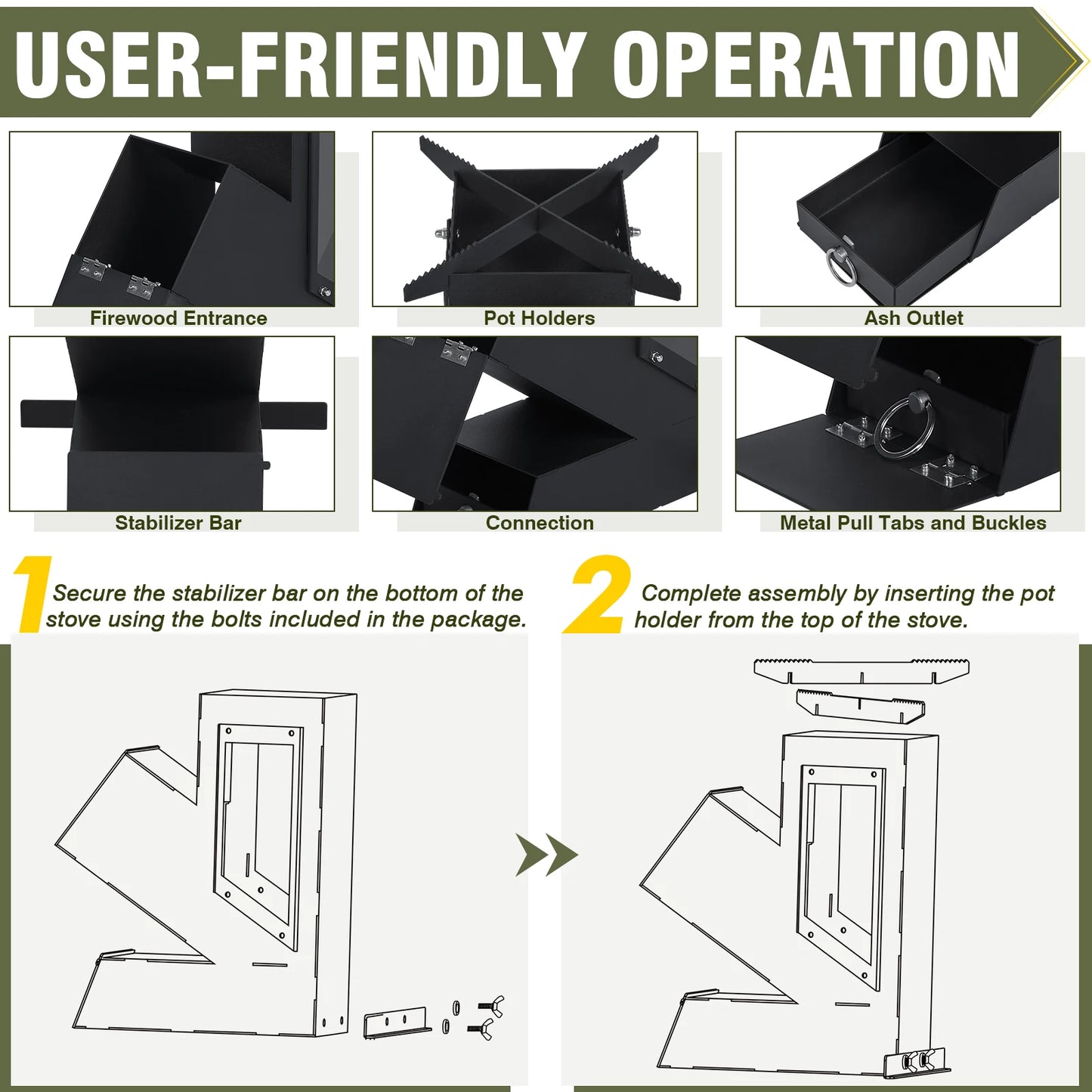 Portable Rocket Stove With Glass Door Cast Iron Camp Grill