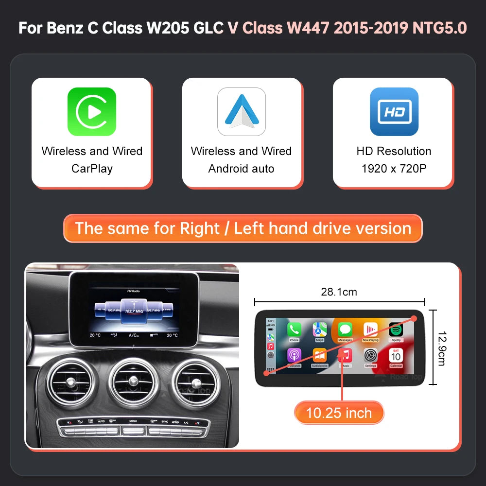 Road Top Wireless CarPlay Android Auto Multimedia Screen For Mercedes Benz