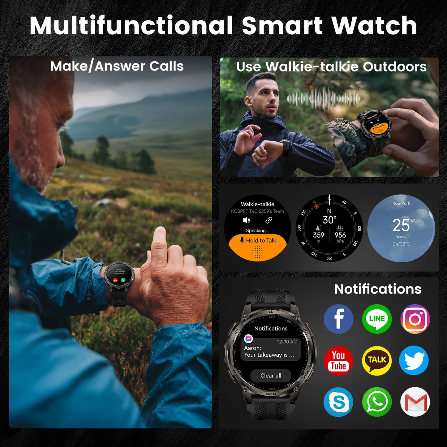 KOSPET Tank T4C Rugged Smartwatch Dual-Band GPS Flashlight Waterproof