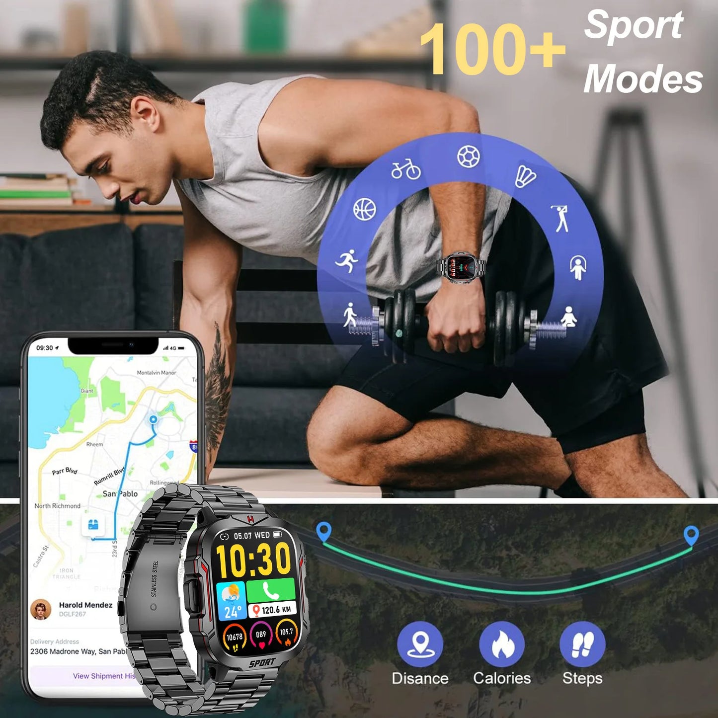 Smart Watch With Flashlight AI Voice Assistant Bluetooth Calling