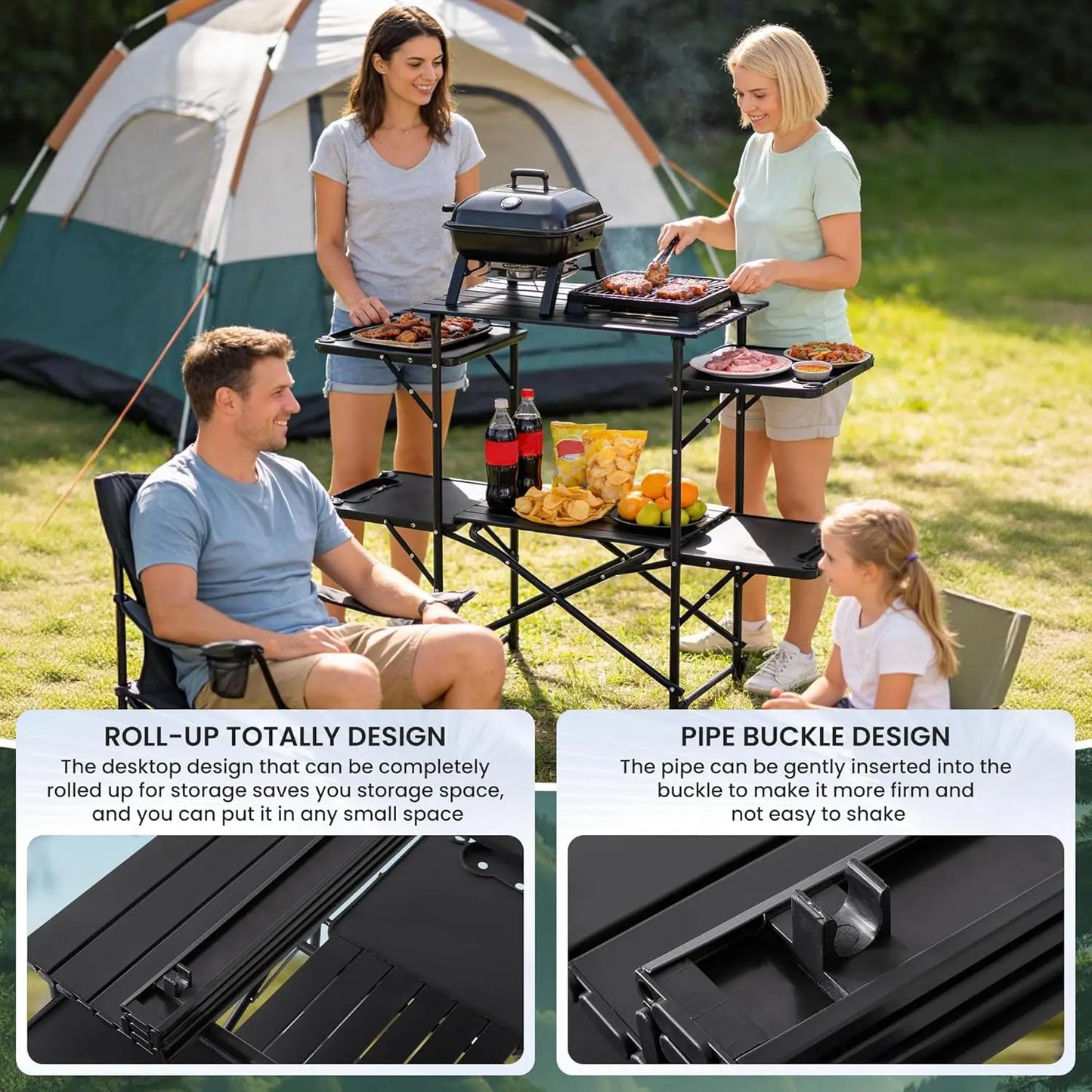 Slim-Fold Camping Kitchen Table With Side Tables And Shelves