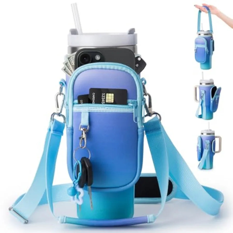 Neoprene Water Bottle Carrier Crossbody Bag With Phone Holder Pockets