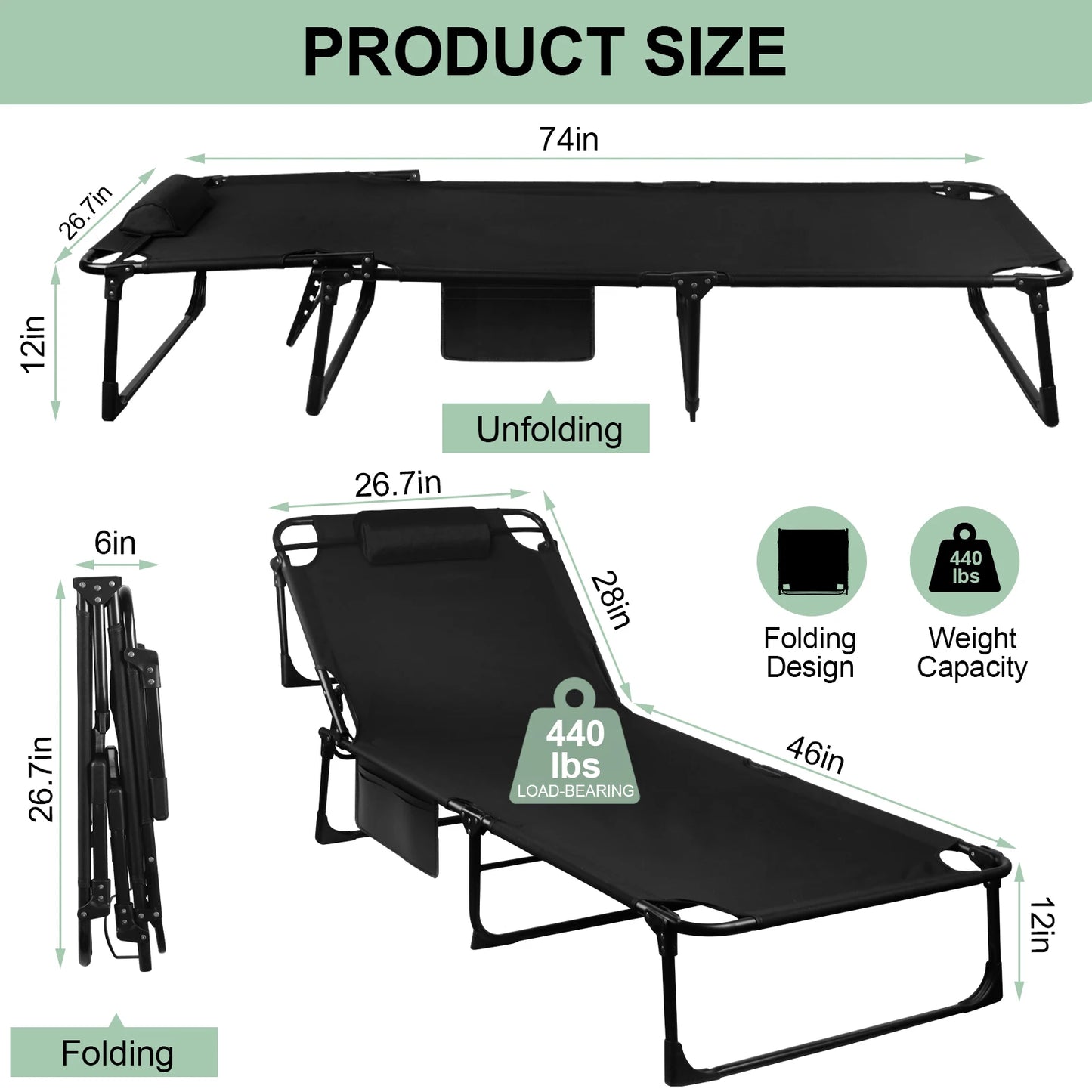 Portable Folding Camping Cot With Pillow And Adjustable Reclining Chair