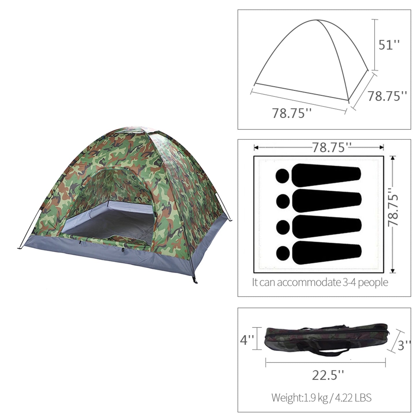 3-4 Person Camping Dome Tent Waterproof Uv Proof Silver Coated Polyester