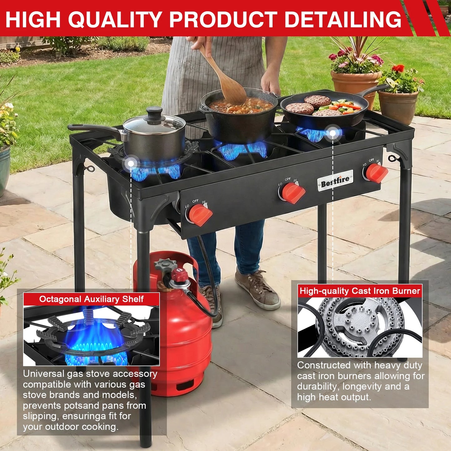 Three Burner Propane Camping Stove With Adjustable Regulator