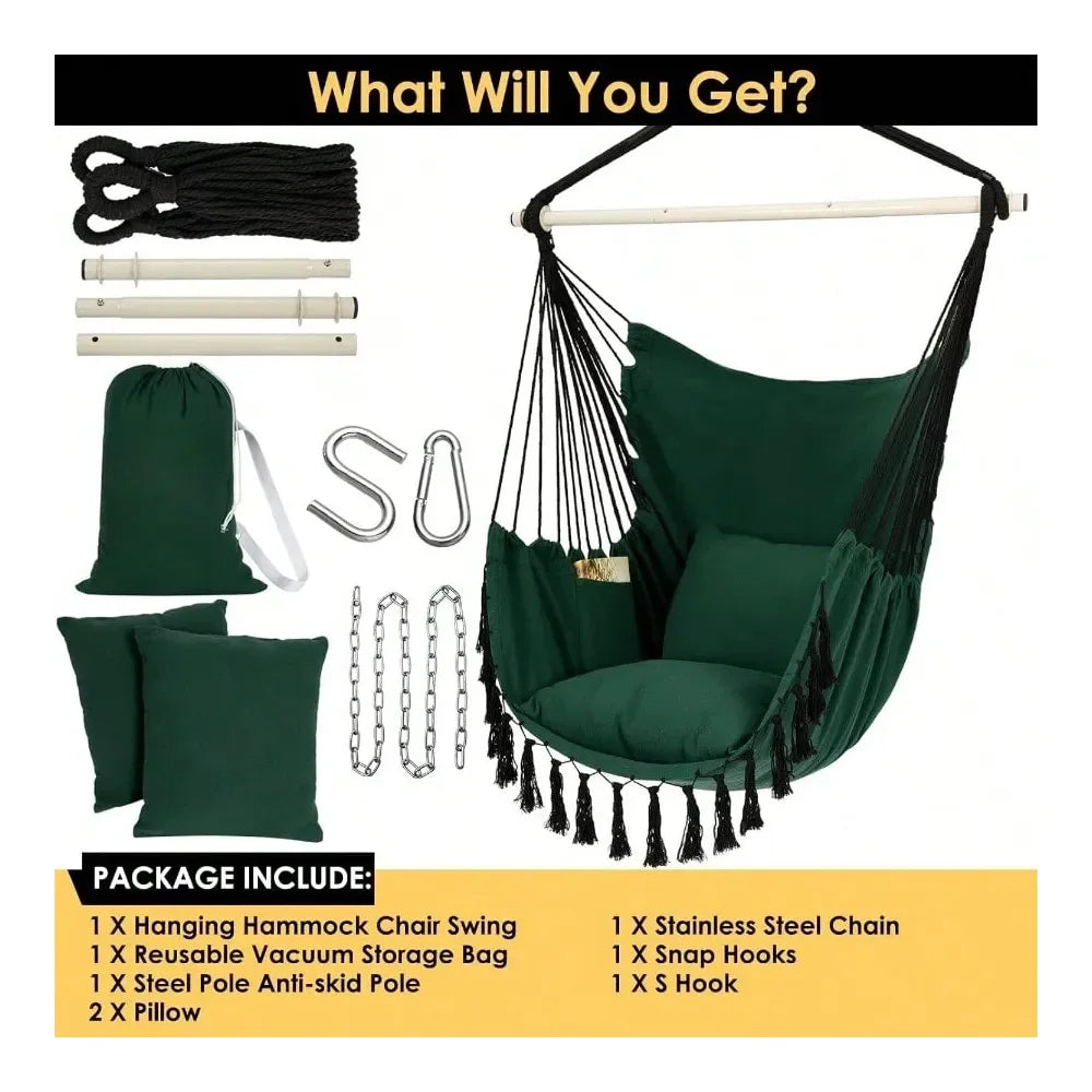 Outdoor Hammock Chair Hanging Rope Swing With Cushions