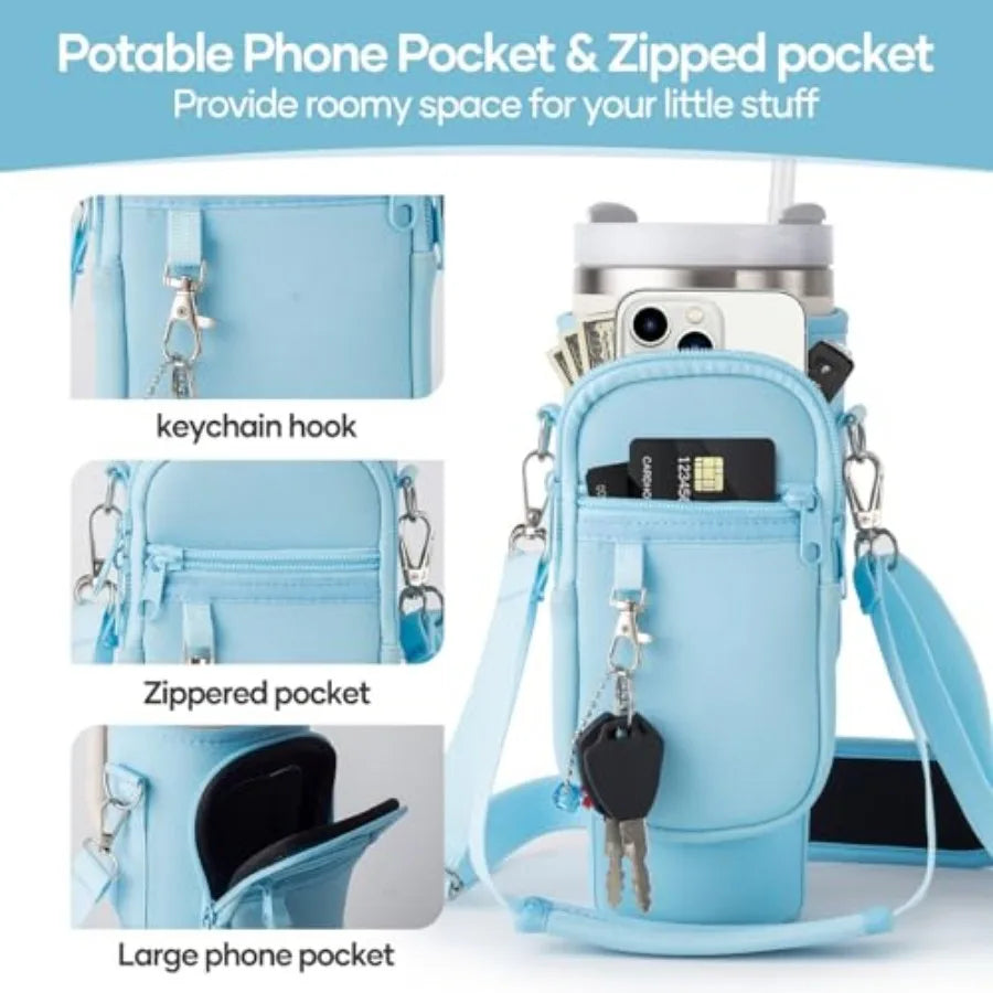 Neoprene Water Bottle Carrier Crossbody Bag With Phone Holder Pockets