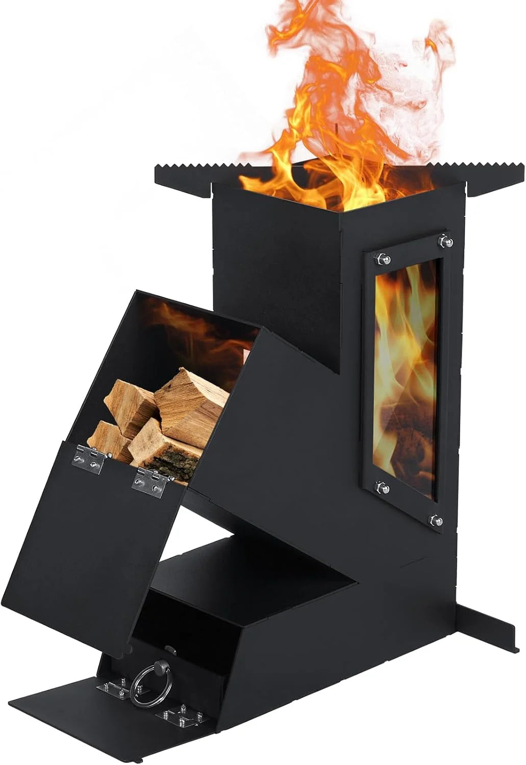 Portable Rocket Stove With Glass Door Cast Iron Camp Grill