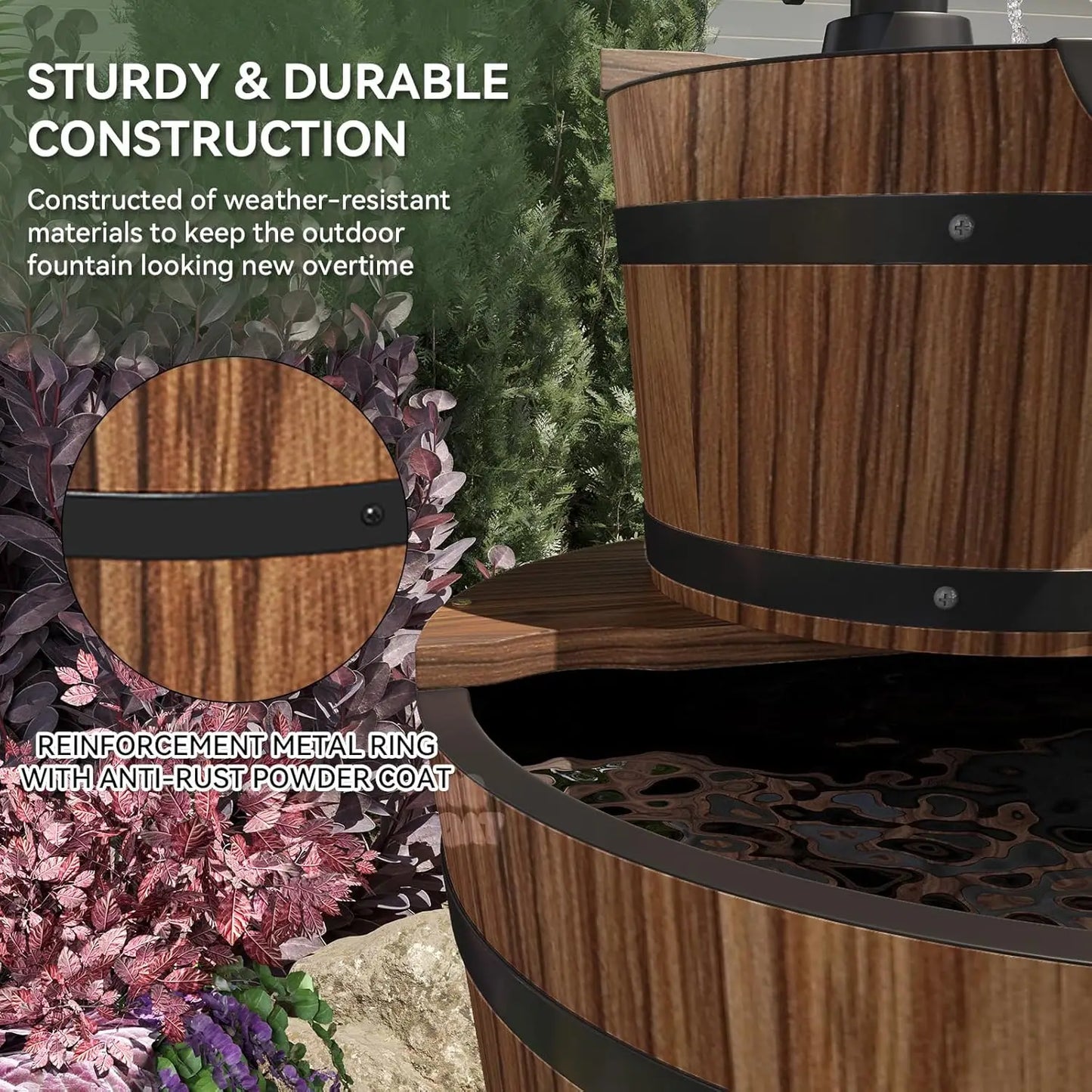 Three Tier Outdoor Water Fountain Wooden Barrel Cascade Hand Pump