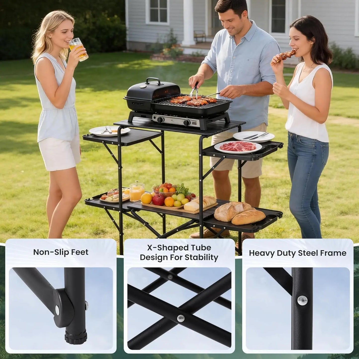 Slim-Fold Camping Kitchen Table With Side Tables And Shelves