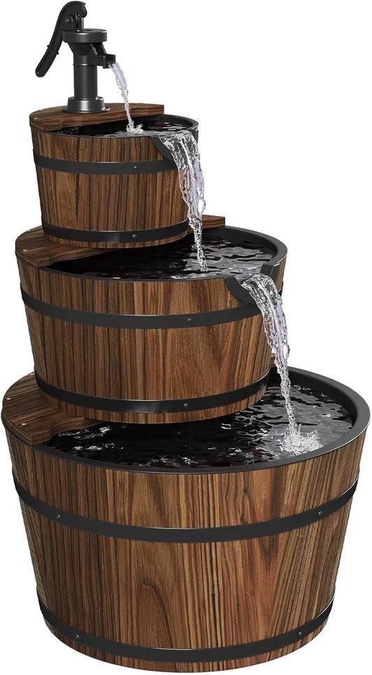 Three Tier Outdoor Water Fountain Wooden Barrel Cascade Hand Pump