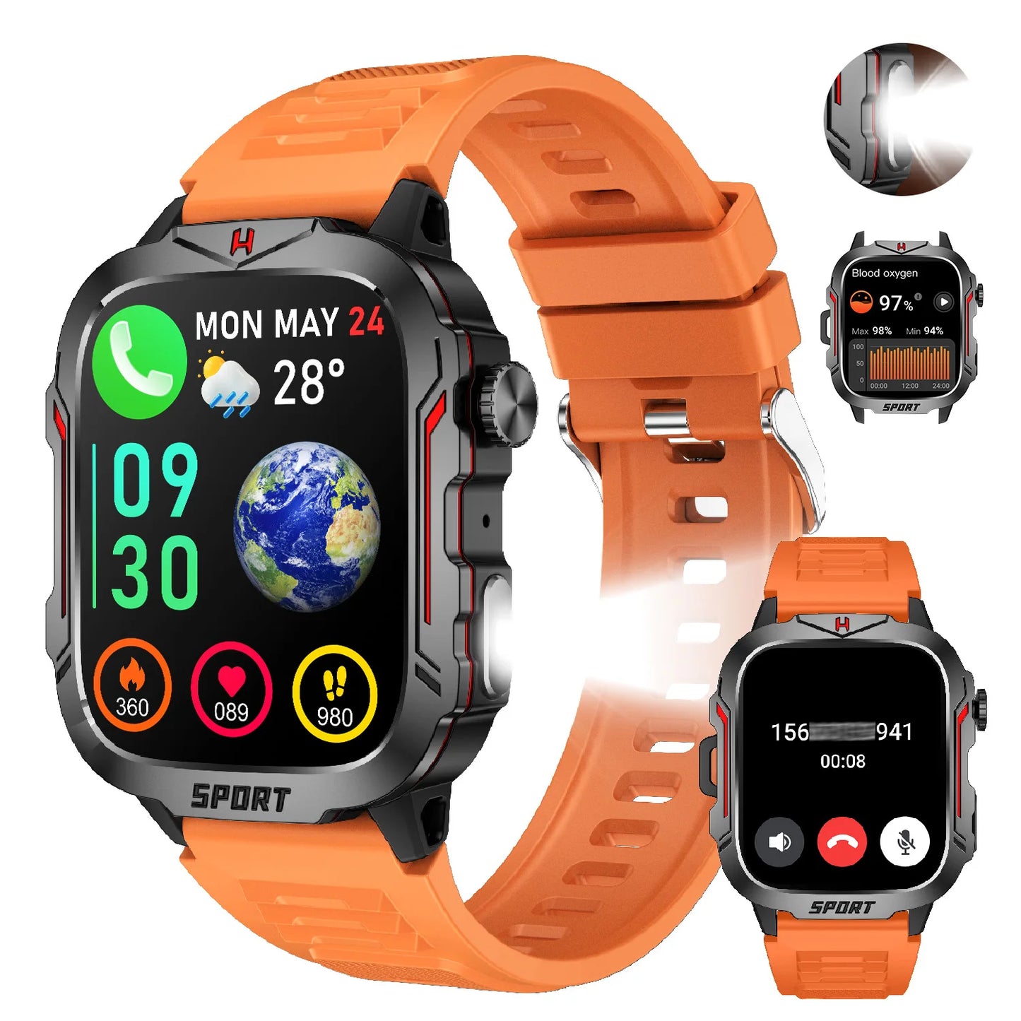 Smart Watch With Flashlight AI Voice Assistant Bluetooth Calling