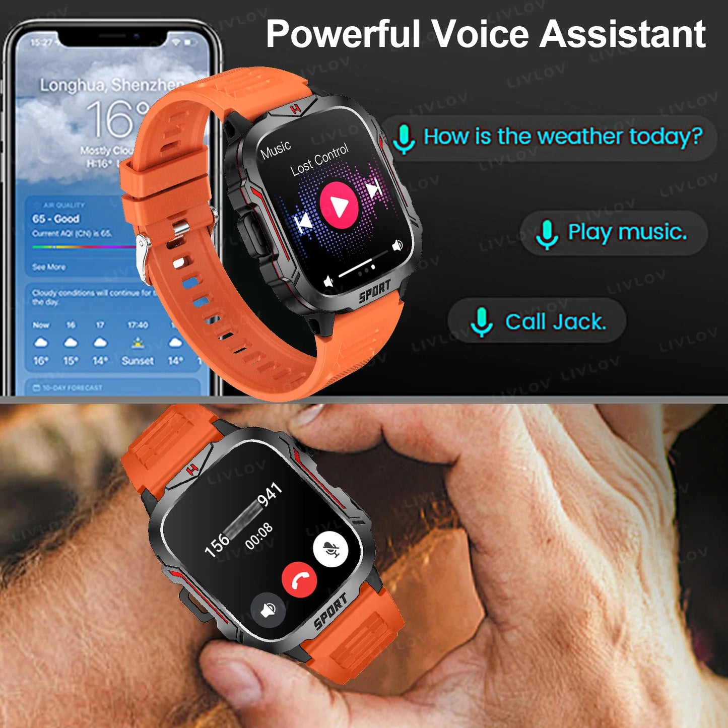 Smart Watch With Flashlight AI Voice Assistant Bluetooth Calling