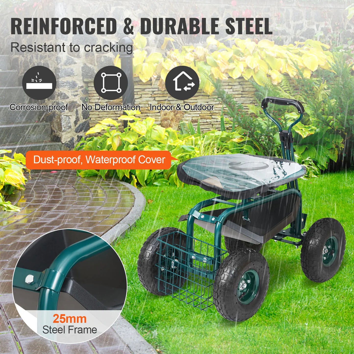 SucceBuy Garden Cart Rolling Workseat with Wheels and Steering