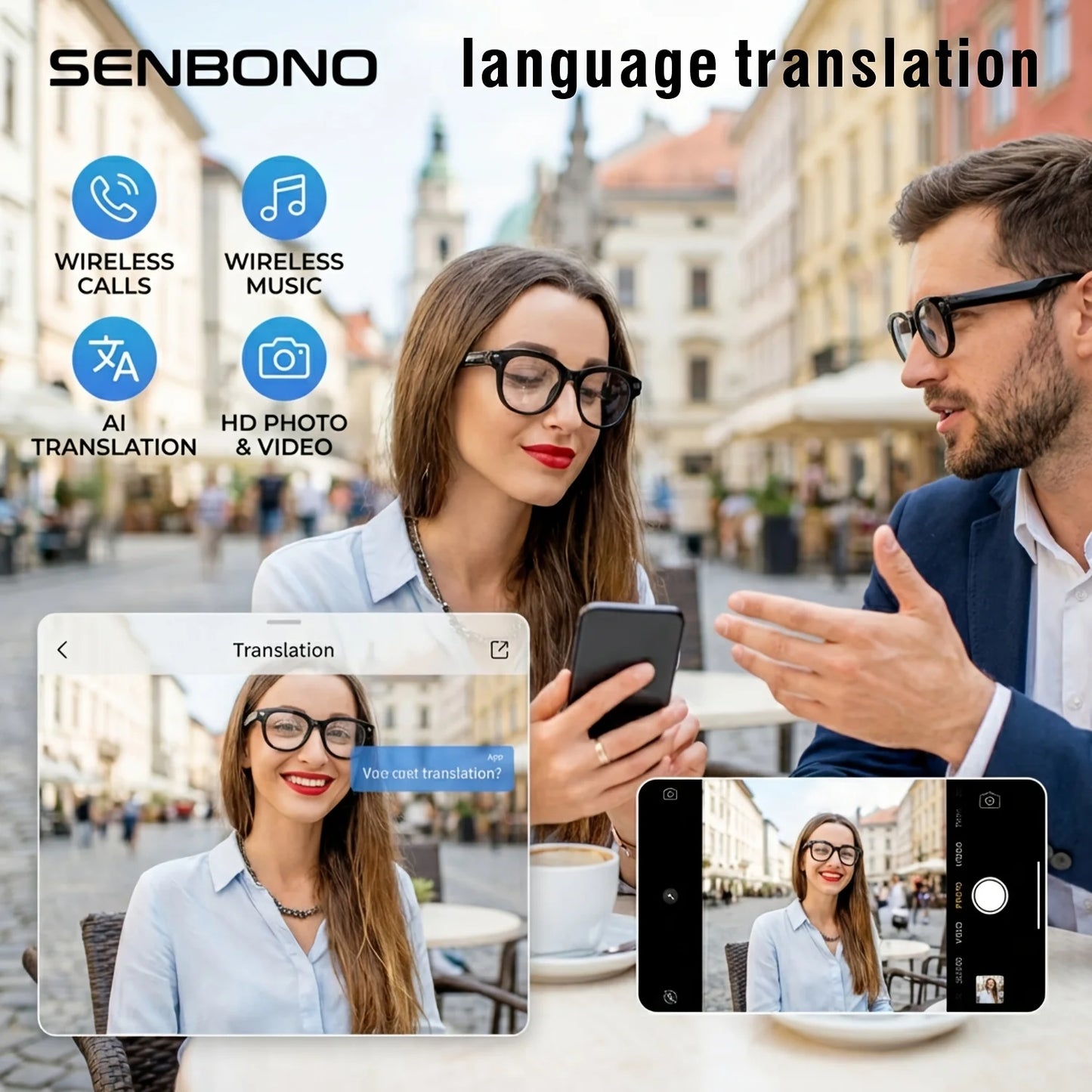 SENBONO AI Smart Glasses With Camera And Translator Bluetooth Music