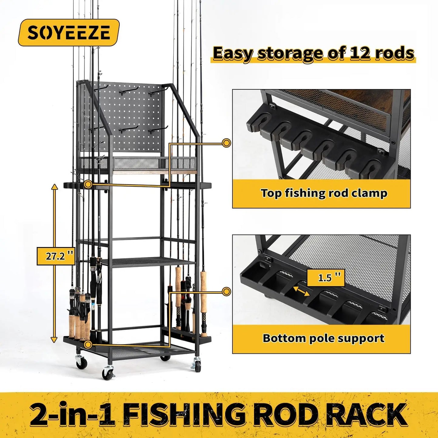 3-Tier Fishing Rod Storage Cart With Pegboard And Lockable Wheels