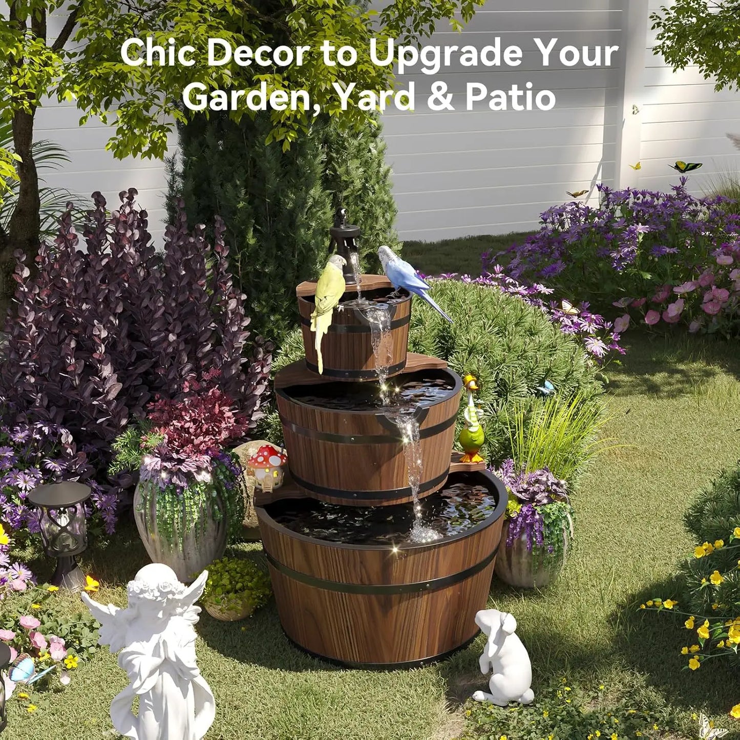 Three Tier Outdoor Water Fountain Wooden Barrel Cascade Hand Pump