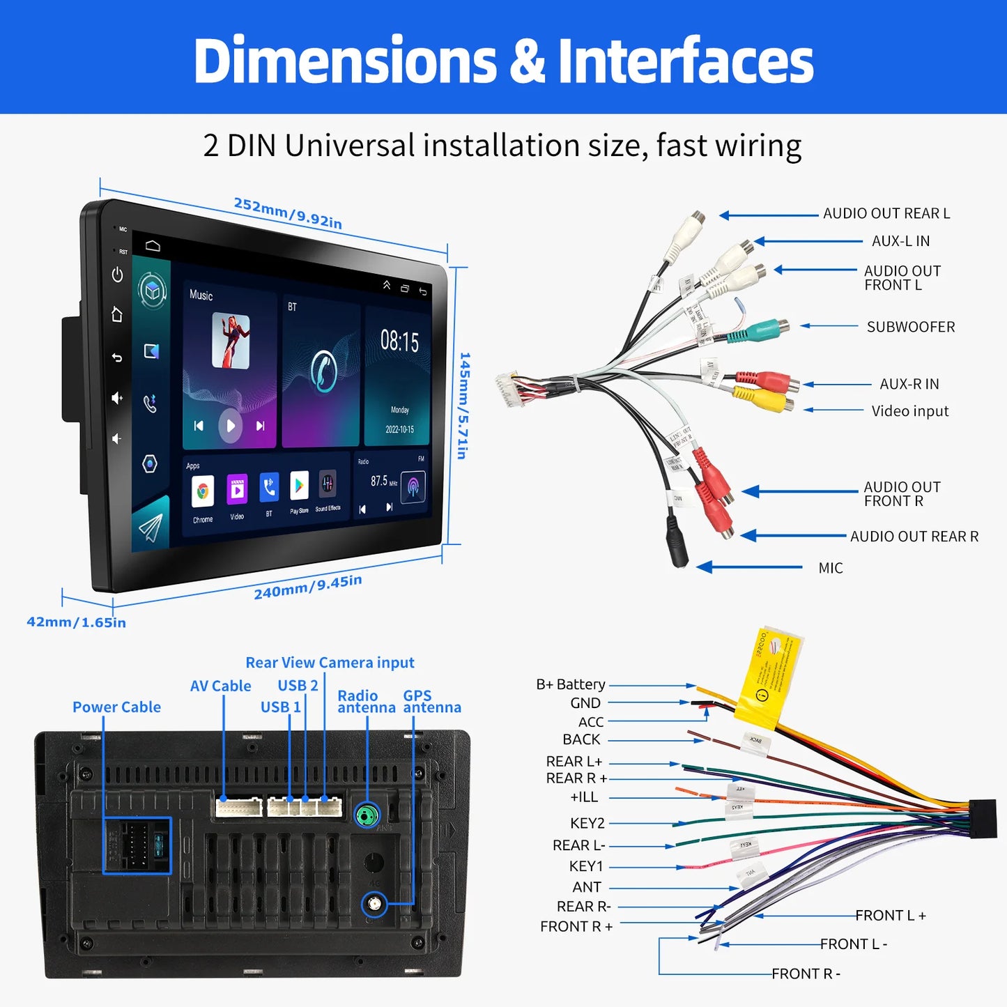 ESSGOO Android CarPlay Bluetooth GPS Radio Stereo 2Din Head Unit
