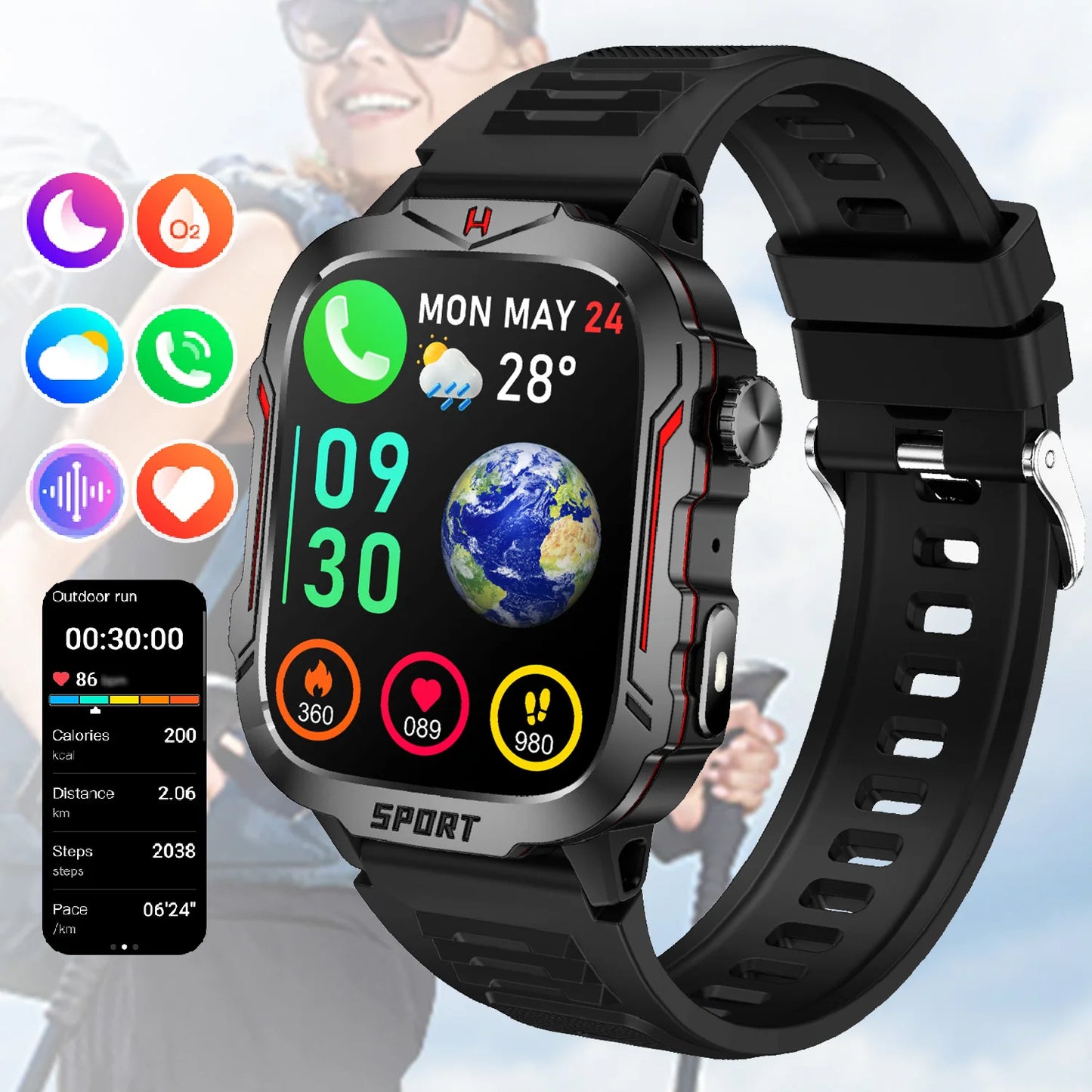 Smart Watch With Flashlight AI Voice Assistant Bluetooth Calling