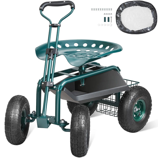 SucceBuy Garden Cart Rolling Workseat with Wheels and Steering