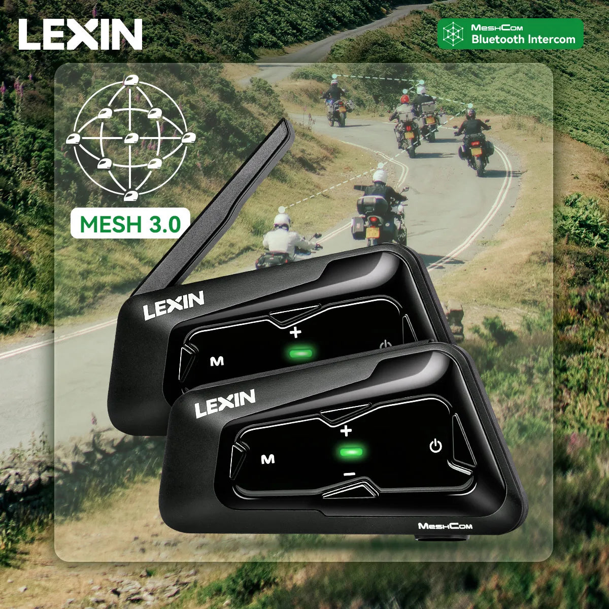 Lexin MeshCom Bluetooth Intercom For Motorcycle Helmet 24 Riders 2km