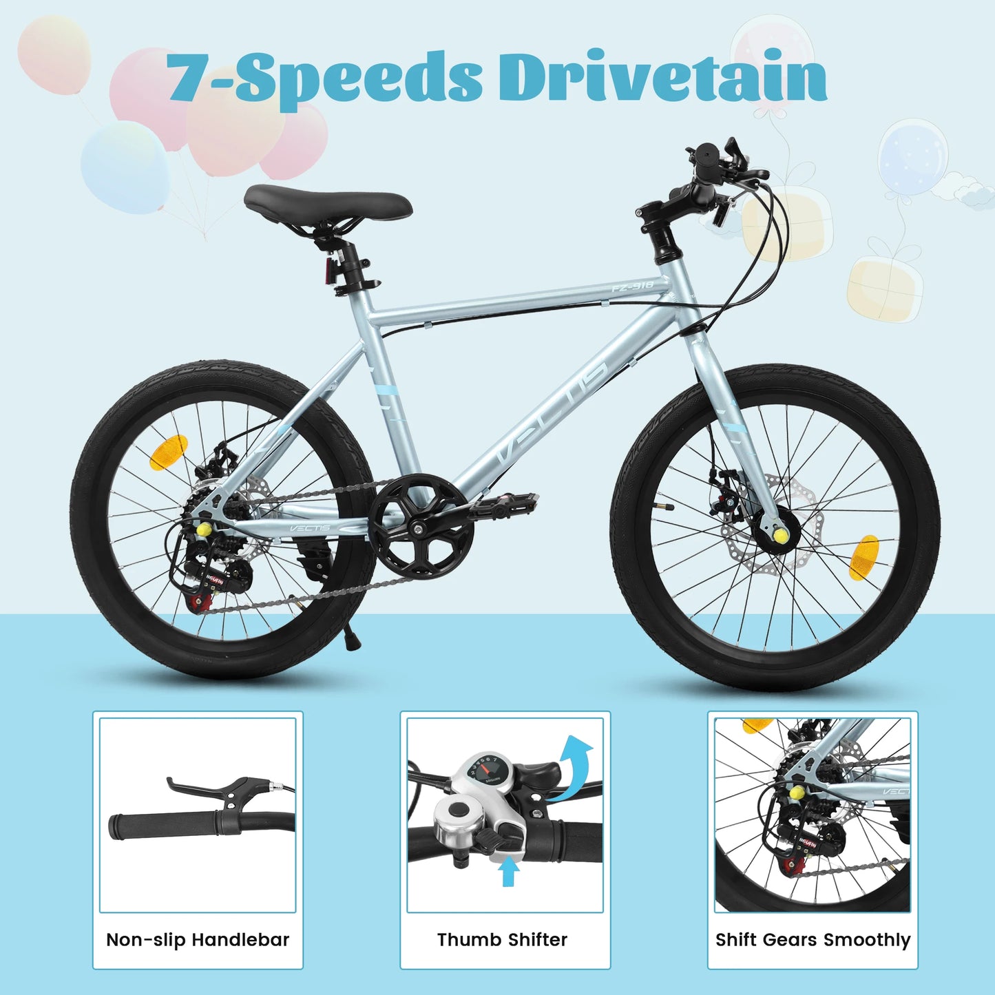Kids Bike With 7-Speed Dual Disc Brakes For Safe Riding