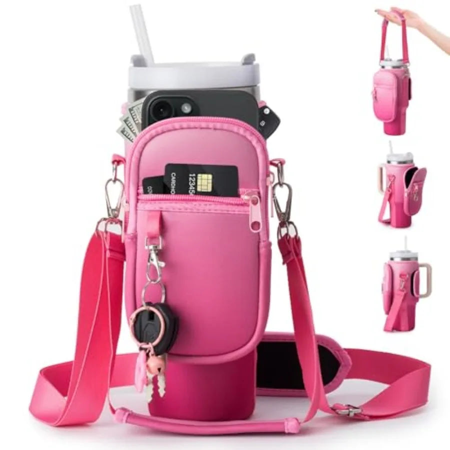 Neoprene Water Bottle Carrier Crossbody Bag With Phone Holder Pockets