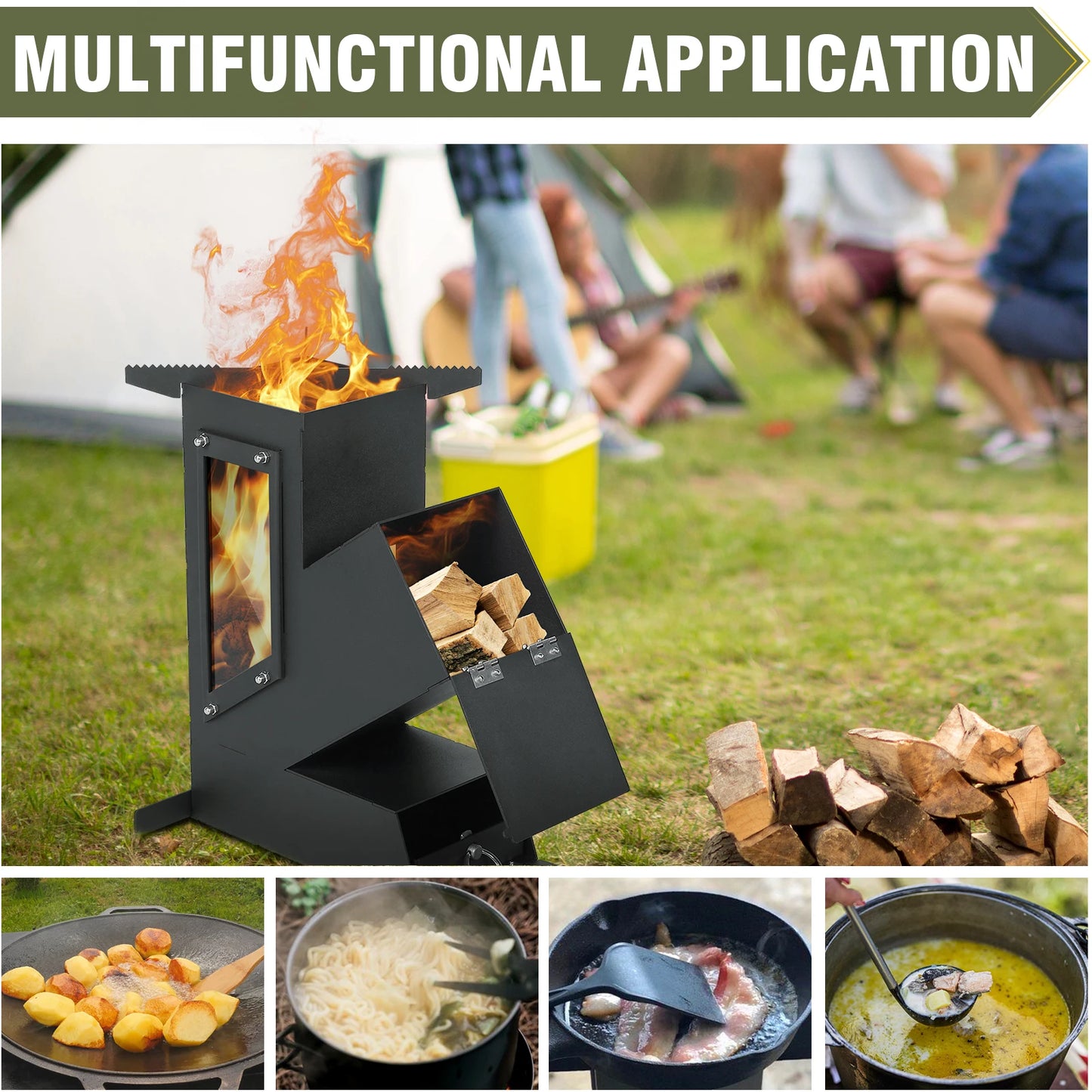 Portable Rocket Stove With Glass Door Cast Iron Camp Grill