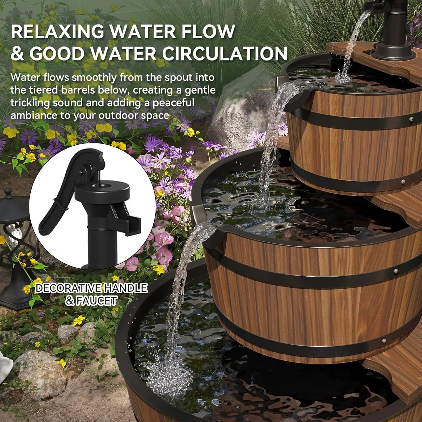 Three Tier Outdoor Water Fountain Wooden Barrel Cascade Hand Pump