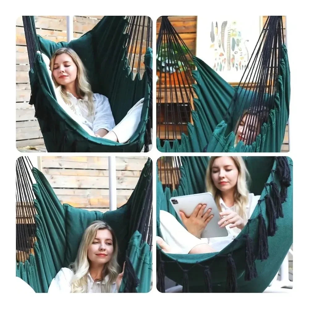 Outdoor Hammock Chair Hanging Rope Swing With Cushions