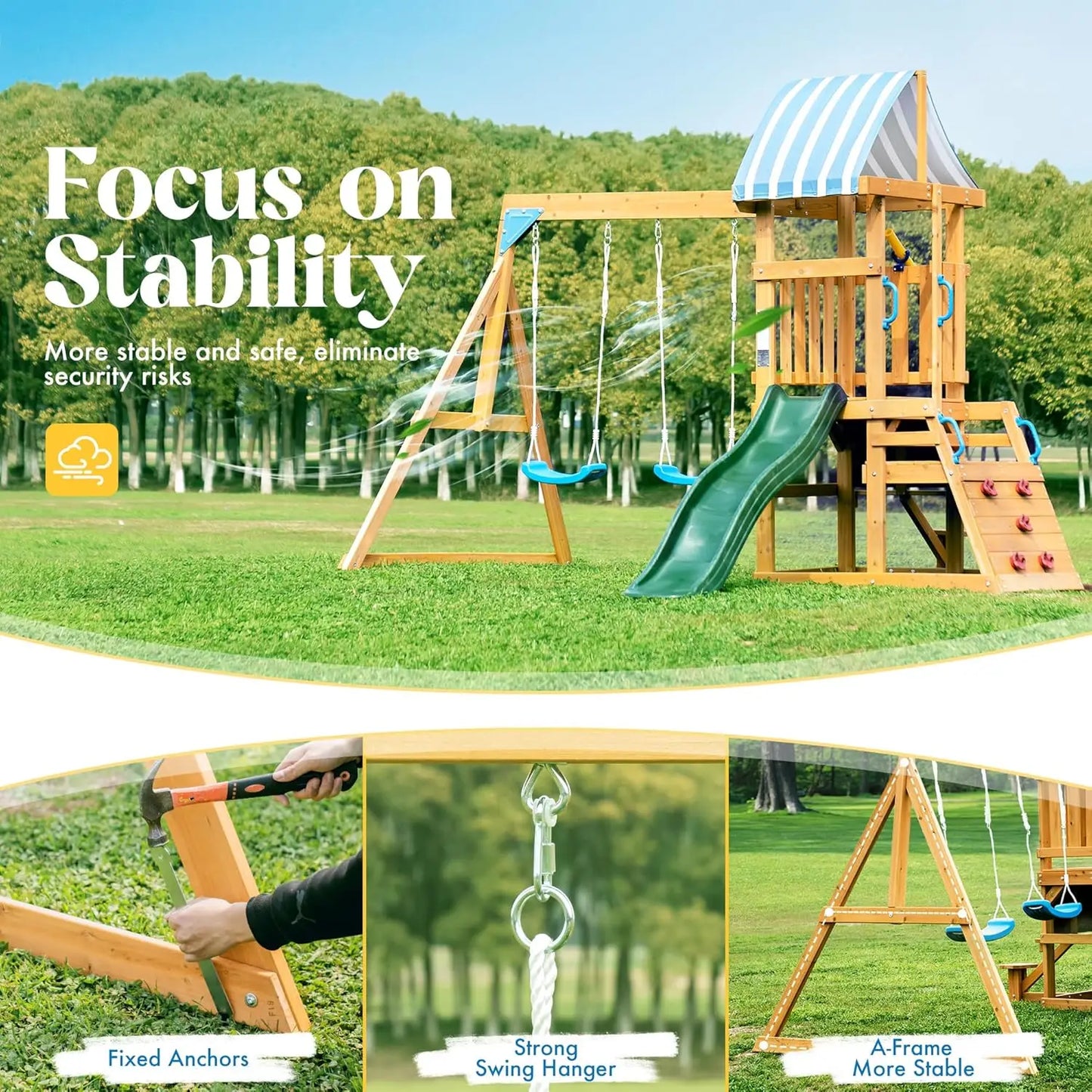 Rolife Outdoor Wooden Swing Set With Climbing Wall
