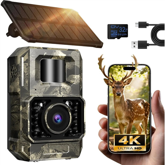 Solar WiFi Trail Camera 4K 64MP Night Vision Bluetooth Cam