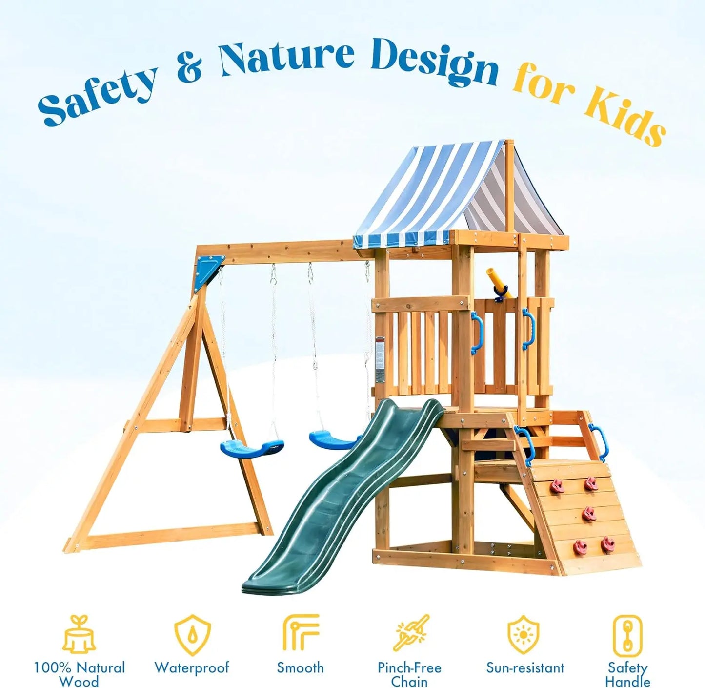 Rolife Outdoor Wooden Swing Set With Climbing Wall