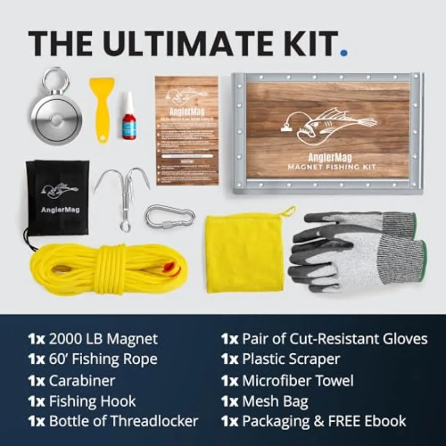 Magnet Fishing Kit 2000 Lbs Complete 10-Piece Set Includes Rope